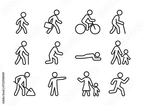 Simple outline icons of people walking, biking, exercising, and parenting