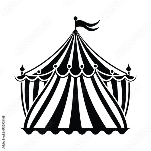 Striped circus tent with flag black and white silhouette