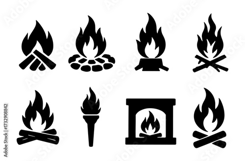 Campfire silhouettes and bonfire icons for outdoor and fireplace themes