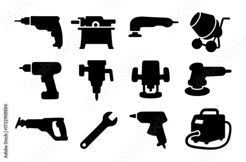 Silhouette set of construction and power tools on white background