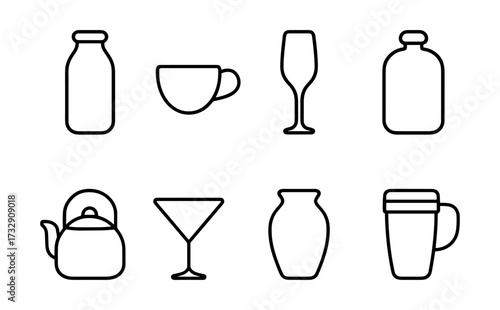 Minimalist outline icons of kitchenware and drinkware collection
