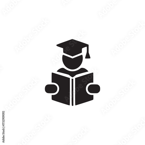 Vector art of a simple black icon of a student reading a book while wearing a graduation cap, representing education, learning, and academic achievement, suitable for educational websites