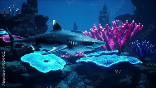Shark swimming among coral reef in blue ocean