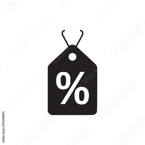 Vector art of a minimalist black price tag icon with a percentage sign, symbolizing discounts, sales, and promotional offers in a clean and modern design, perfect for ecommerce and retail