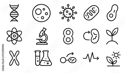 Collection of simple line icons representing various scientific concepts related to biology and microbiology