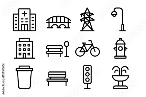 Collection of simple line icons representing urban elements like buildings, infrastructure, and street fixtures commonly found in a city