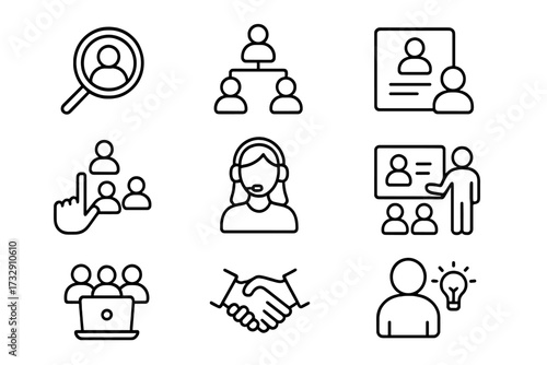 Icons representing teamwork, communication, and leadership for business strategy and networking development