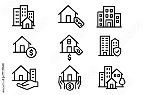 Real estate icons showcasing different aspects of property management and investment opportunities in urban settings
