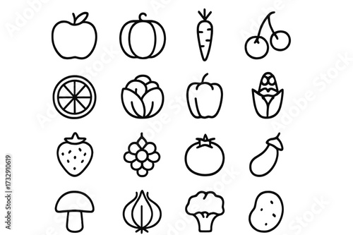 Collection of simple line drawings of various fruits and vegetables arranged in a grid pattern showcasing healthy food choices