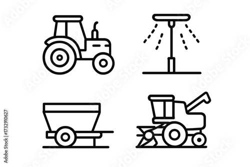 Tractors, irrigation systems, and harvesters in agricultural landscape during sunny day