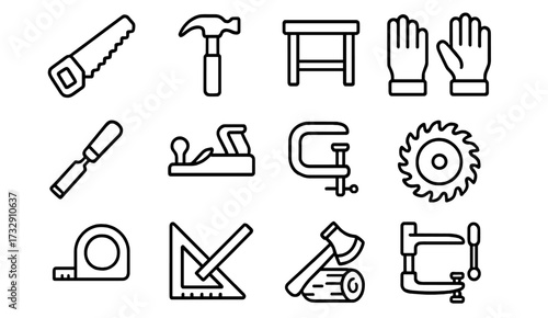 Tools for woodworking projects including hammers, saws, and measuring instruments in a simple layout