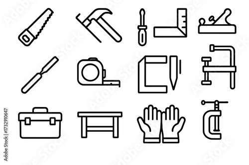 Tools used in woodworking displayed on a workspace arranged for a project execution