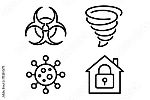 Symbols representing health risks and safety measures in emergency situations during a pandemic