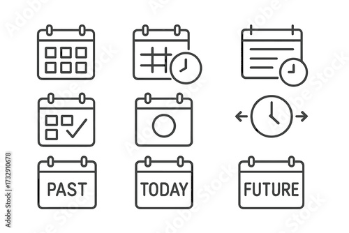 Calendar symbols representing time management concepts and the division between past, present, and future in a simple design