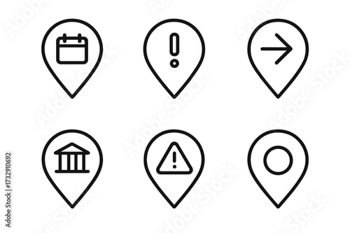 Collection of simple icons representing various map markers and alerts in a minimalistic style for navigation and event planning