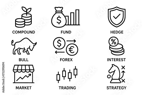 Understanding key concepts in finance through simple icons of trading and investing strategies