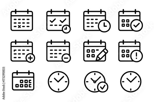 Collection of calendar and clock icons showing various time-related activities and reminders for planning and scheduling