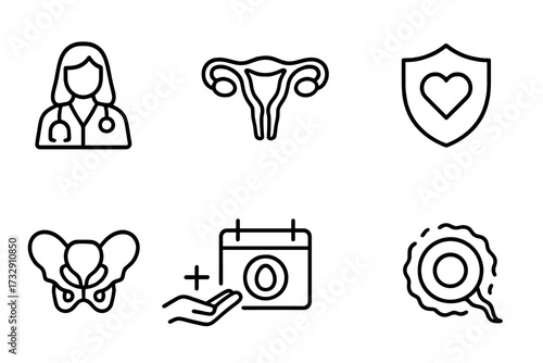 Health icons representing women's reproductive health, medical care, and family planning in a simple design layout