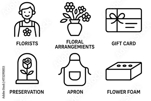 Florists showcase tools and items for creating floral arrangements, including gift cards and preservation techniques