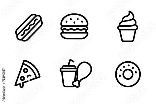 Delicious food icons featuring hot dog, hamburger, ice cream, pizza, drink, chicken, and donut for a fun culinary theme