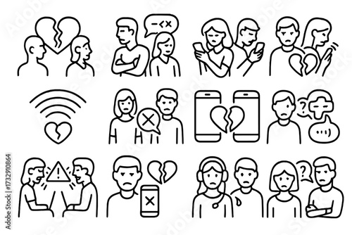 Relationship challenges and emotional struggles depicted through simple illustrations in a modern context