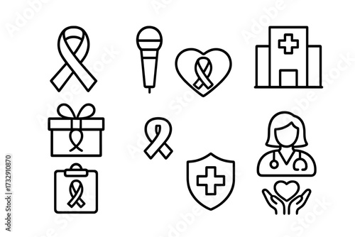 Various symbols representing awareness, support, and health care related to medical causes and community initiatives