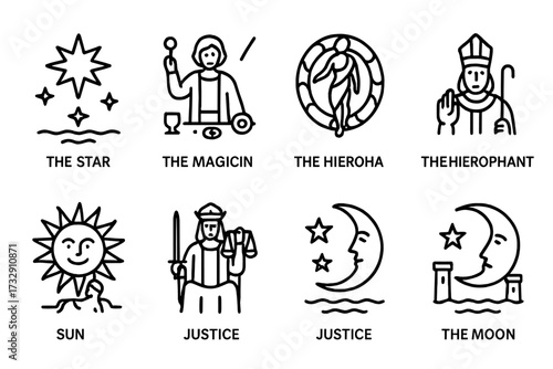 Unique tarot card illustrations depicting symbols of guidance and fate in a simple, minimalist style