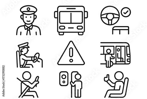 Public transportation symbols illustrate bus travel and safety guidelines for passengers and drivers