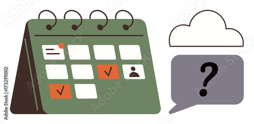 Desktop calendar with scheduled tasks marked, speech bubble with question mark, and cloud icon for organization. Ideal for time management, productivity, scheduling, appointments, reminders