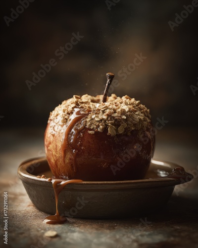Perfect baked apple with oats cinnamon and caramel in moody lighting