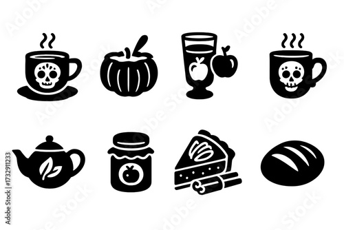 Halloween food silhouette icon set. pumpkin, dessert, spooky silhouette collection.