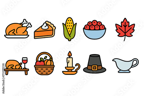 Thanksgiving flat icon set. autumn, harvest, turkey, pie, corn icons flat collection