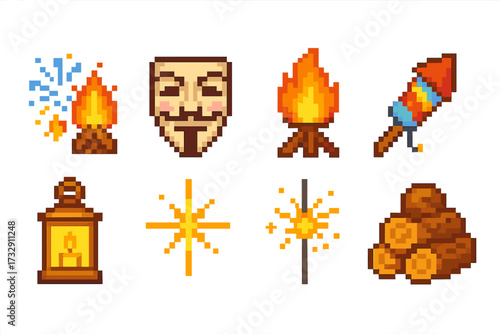 Bonfire night 3d icon set. fireworks, lanterns, and masks in festive collection