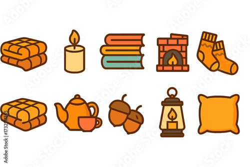 Autumn comfort flat icon set. cozy home, relaxation, warmth symbols in flat style.