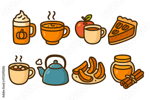 Wallpaper Mural Autumn drinks and treats flat icon set. cozy, seasonal beverage and dessert collection Torontodigital.ca