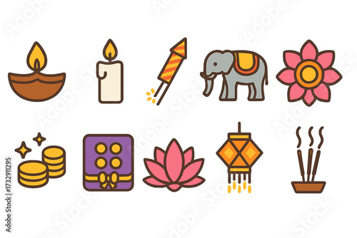 Diwali festival icon set. celebrate with vibrant flat symbols for joyous occasions.