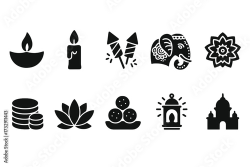 Diwali silhouette icon set. festival of lights, celebration, india symbols