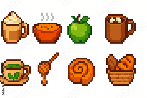 Food and drink icon set: pixel art style for cafes and restaurants