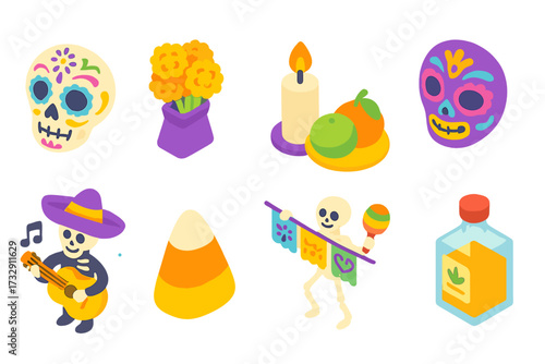 Day of the dead icon set. vibrant, festive, mexican culture icons in vibrant 3d style.