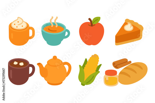 Autumn, thanksgiving flat icon set. harvest, cozy season icons collection for fall
