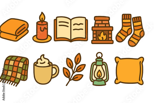 Cozy autumn line icon set. warm fall, cozy symbols, outline icon collection