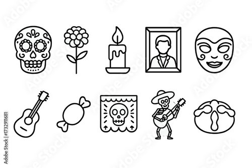 Day of the dead linear icon set. sugar skull, marigold, candle, guitar symbols.