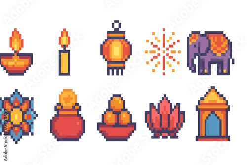 Diwali, indian festival flat icon set. traditional celebration icons collection