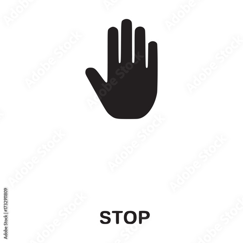 Vector art of stop hand icon a simple black hand symbol with the word stop, representing halt, restriction, and prevention, perfect for safety and control designs, clear and minimalist design