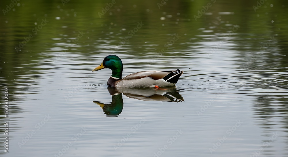 Obraz premium Mallard duck swimming on calm water reflecting on a pond