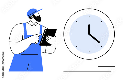 Worker with tablet in hand wearing blue uniform and cap near a large clock symbolizing productivity, time management, and organization. Ideal for workforce planning, scheduling, punctuality