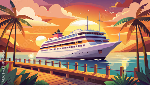  A large white cruise ship stands near the pier at sunset, side view capturing beauty. Summer vacation offers travel, adventure, and excitement, inviting travelers to embrace a hot tour 