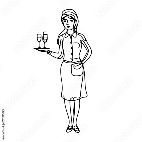 Flight attendant serving drinks with a welcoming smile, minimalistic black and white line art, smooth curves on plain background, concept of hospitality and service.