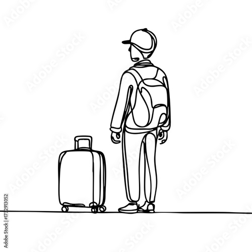 Traveler contemplating adventure with suitcase, minimalistic line art style, black and white, representing freedom and exploration, concept of travel agency, transport services.