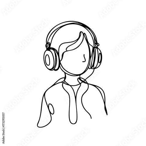 Abstract traveler enjoying music with noise-canceling headphones, minimalistic black and white style on plain background, concept of relaxation and tranquility.